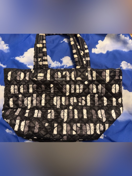 MZ Wallace Handbags - MZ Wallace Black Quilted Metro Tote with White Graphic Pattern- Small